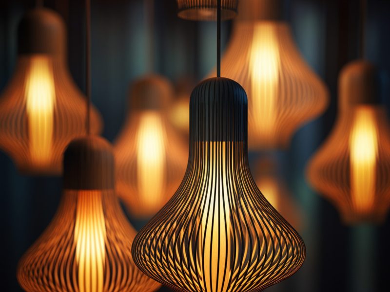 a cluster of several pendant lamps, in the style of rendered in cinema4d, photo taken with nikon d750, dark gold and orange, fine lines, delicate curves, flowing textures, bentwood, layered mesh --v 5.2 Job ID: db6ce38d-d5d8-4100-86de-2a6f9b152d3e